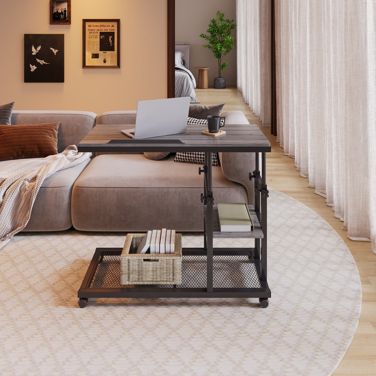 Adjustable Height C Shaped Rolling Table Tilting Top Laptop Snack Side Table with Wheels